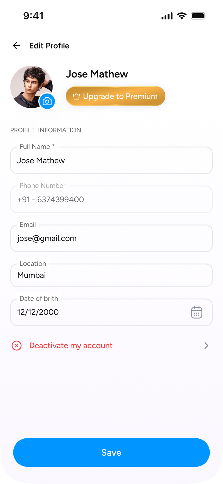 Account Details screen with the Deactivate my account row