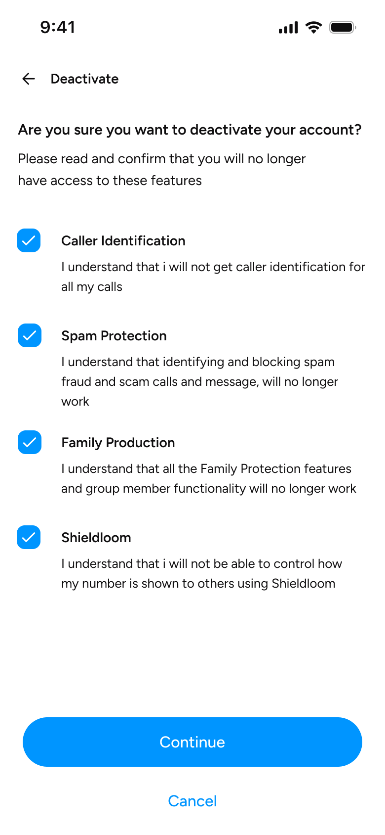 Deactivation checklist with all four boxes ticked and Continue enabled