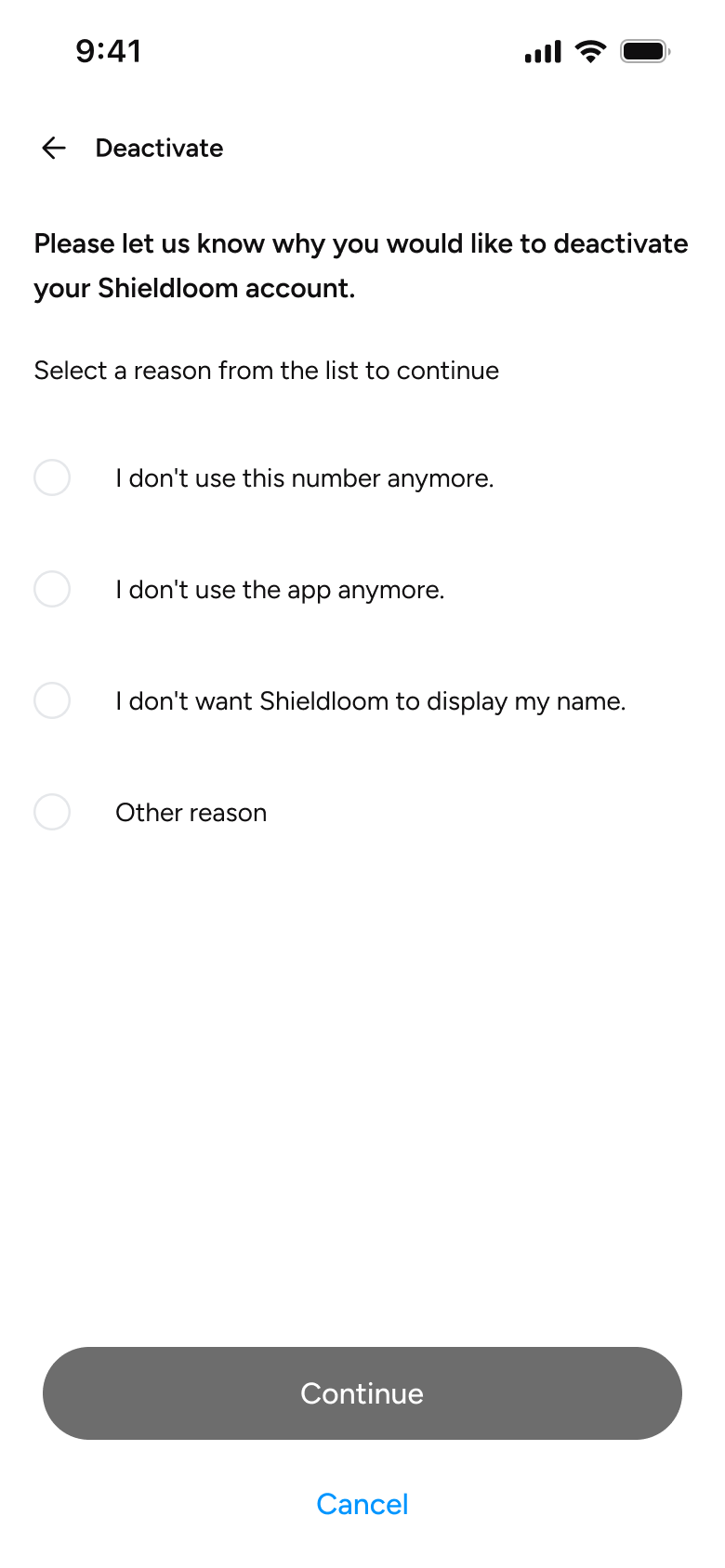 Reason list with no option selected