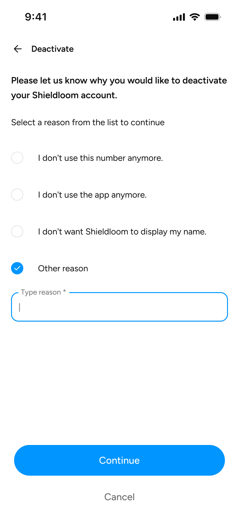 Reason list with Other reason selected and a text field shown
