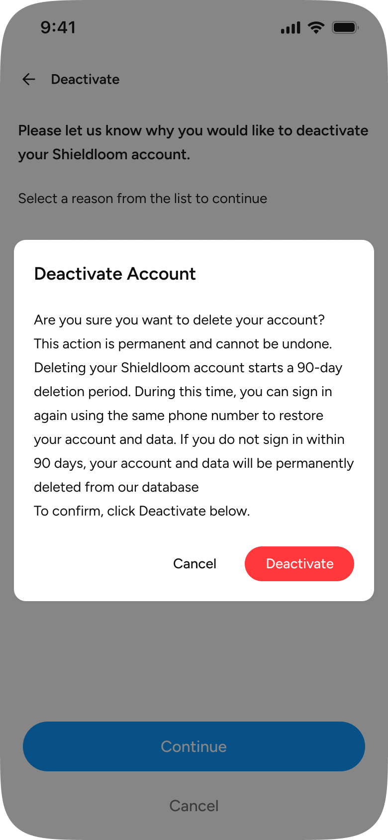 Final Deactivate Account confirmation dialog